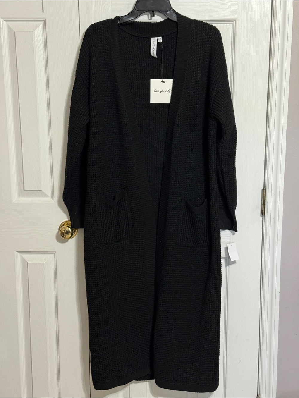 Long Open-Front Black Knit Cardigan Sweater